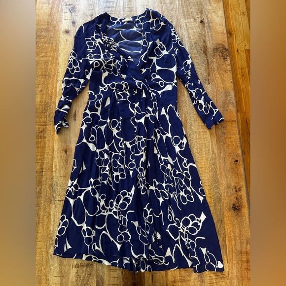 Vintage H&M Navy indigo purple and White faux Wrap floral A line Dress - Picture 1 of 7